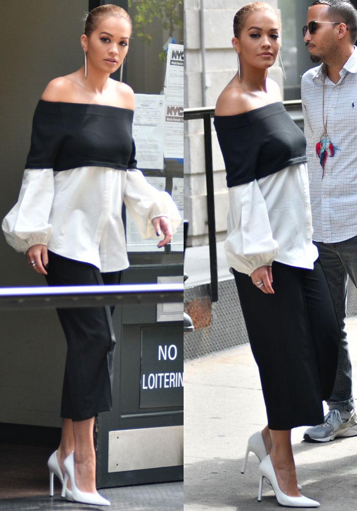 Rita Ora goes for a classic look in a Hellessy top paired with black culottes