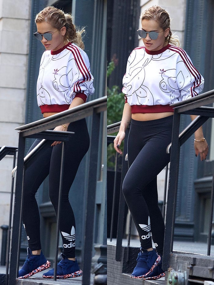 Rita Ora wears pieces from her new Rita Ora x Adidas Originals "Color Paint Pack" collaboration collection for F/W 2016 while out and about in New York City