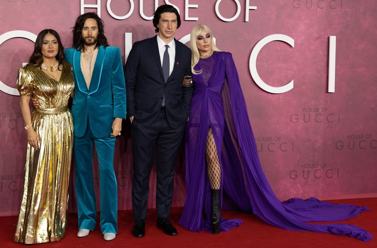 House of Gucci stars Salma Hayek as Giuseppina "Pina" Auriemma, Jared Leto as Paolo Gucci, Adam Driver as Maurizio Gucci, and Lady Gaga as Patrizia Reggiani