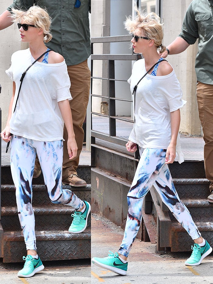 Taylor Swift leaves her gym in a colorful pair of leggings with a tie-dyed sports bra