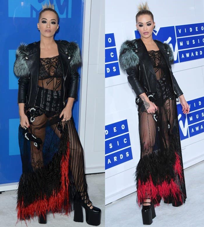 Rita Ora’s edgy styling at the 2016 MTV Video Music Awards features a sheer Marc Jacobs gown paired with a fur-trimmed leather jacket and towering platform heels