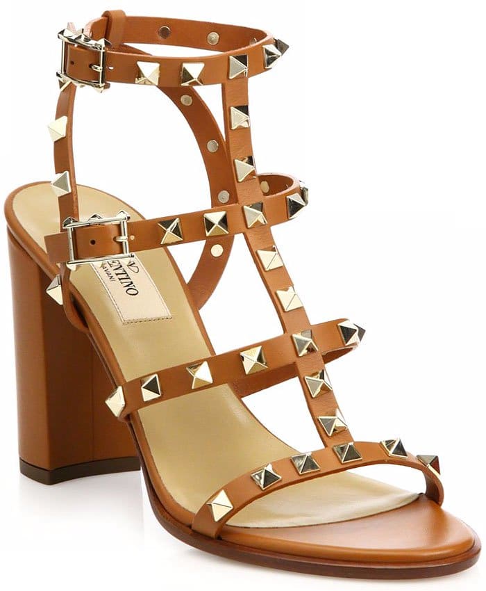 Valentino "Rockstud" Block-Heel T-Strap Sandals in Cognac Leather