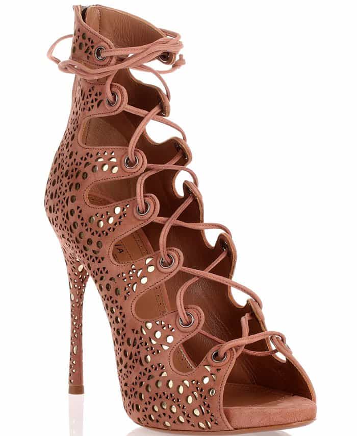 Alaïa Dark Nude Suede Lace-Up Sandals