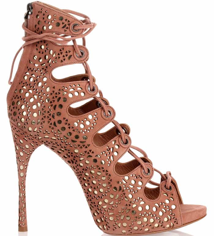 Alaïa Dark Nude Suede Lace-Up Sandals