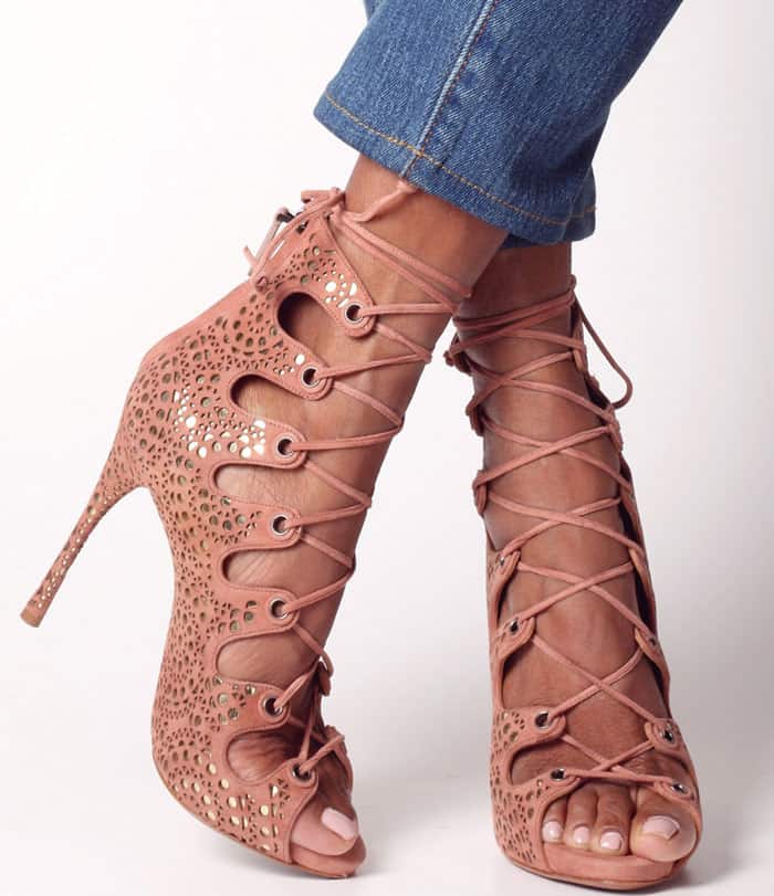 Alaïa Dark Nude Suede Lace-Up Sandals