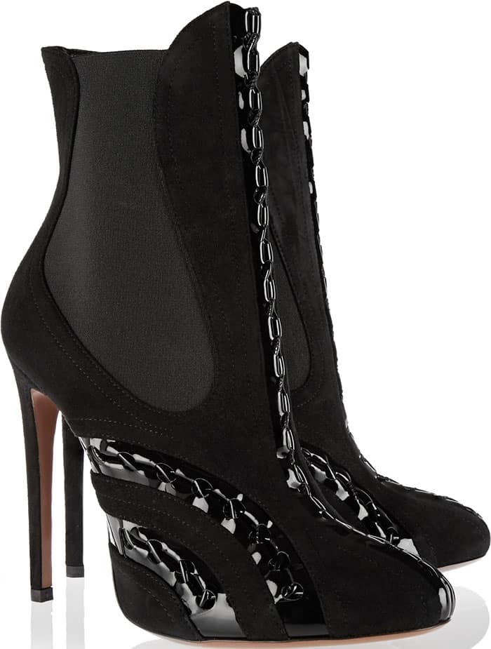 Alaia Patent Leather-Paneled Suede Ankle Boots