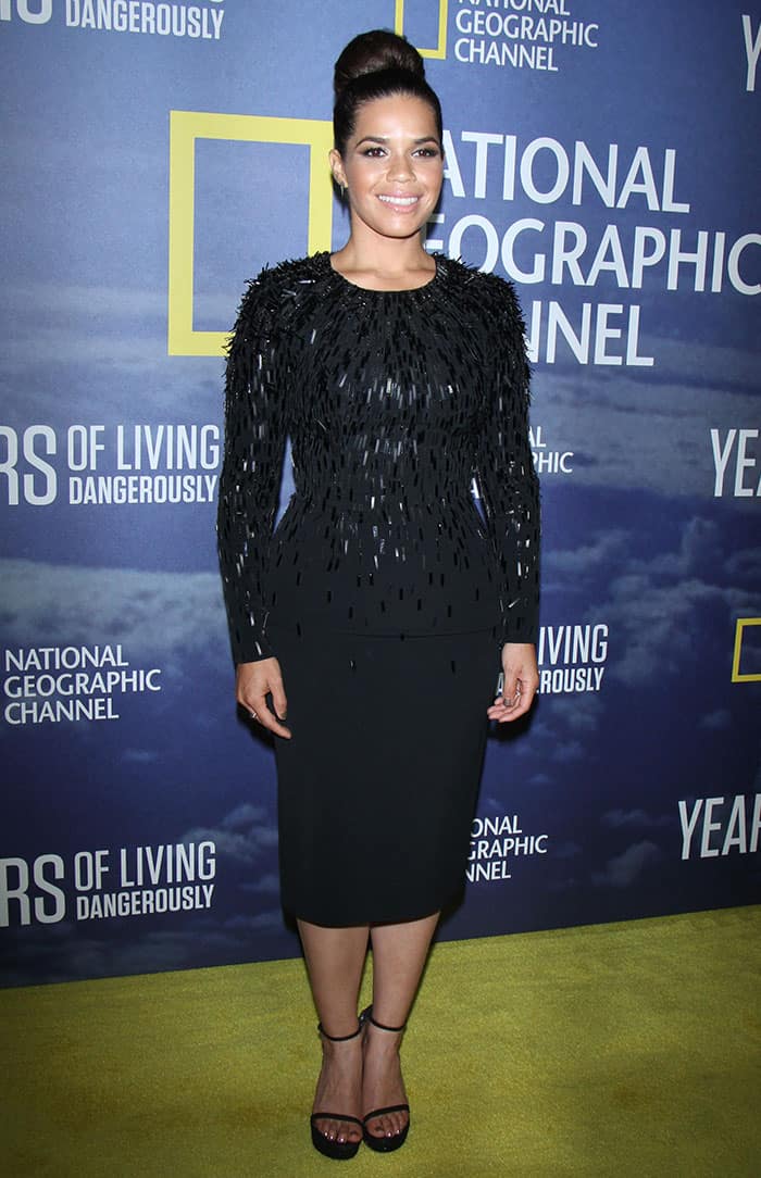 America Ferrera in a black beaded dress from Jenny Packham's Fall 2015 collection