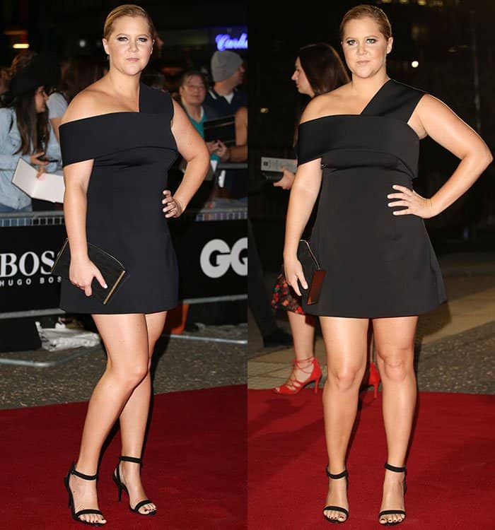 Amy Schumer showcased her legs in a sleek black dress with a contemporary one-shoulder design that ended just above her knees
