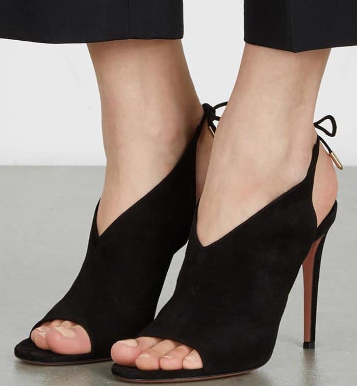 Lea Michele Wears Black Suede Aquazzura 'Ami' Sandals