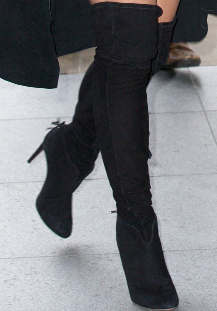 Britney Spears arrives for a radio guesting in Aquazzura 'Giselle' thigh high boots