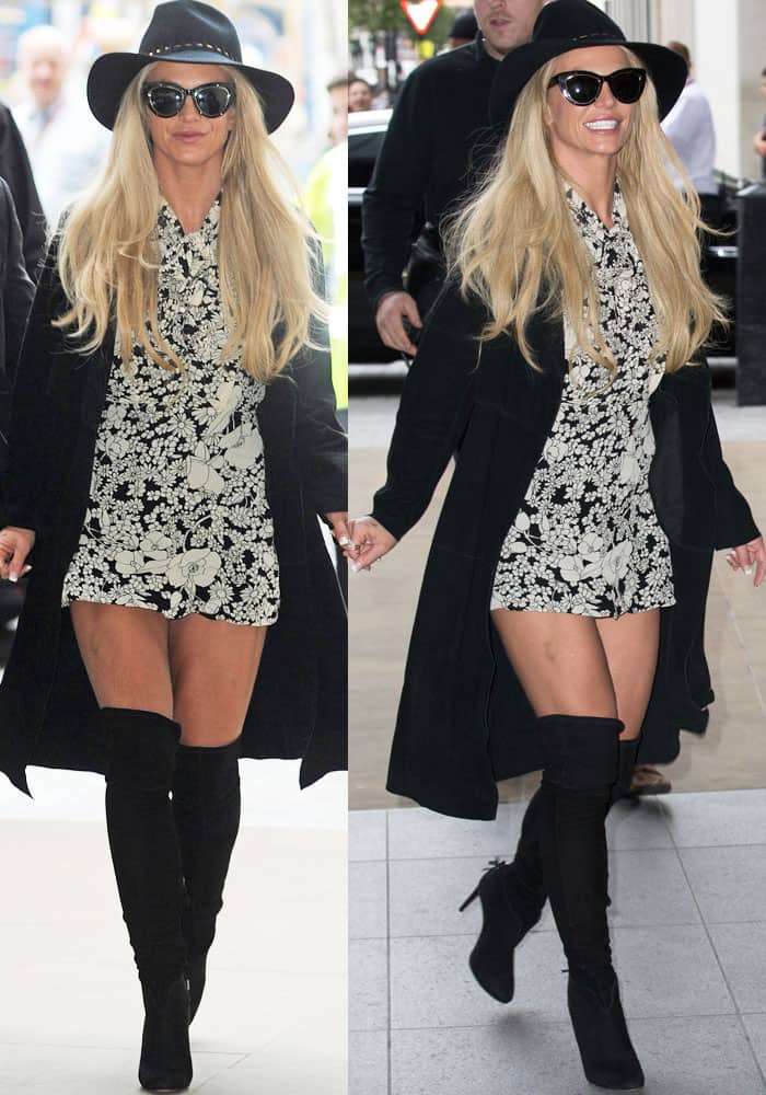 Britney Spears arrives outside the radio station in a Saint Laurent pussy-bow floral-print crepe dress