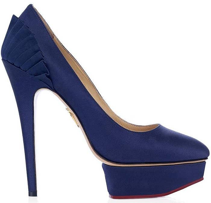 Charlotte Olympia "Paloma" Fan-Detail Platform Pumps in Navy Satin