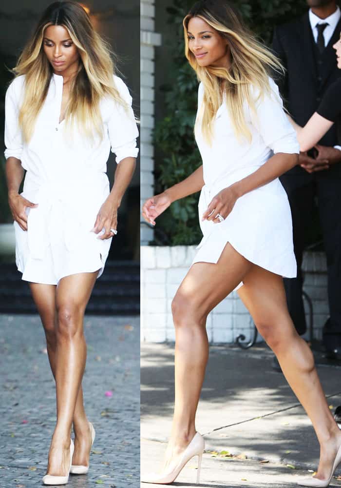 Ciara looked radiant in a simple tie-shirt dress by Rag & Bone