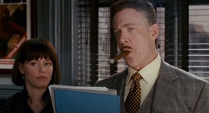 Elizabeth Banks as secretary Betty Brant and J. K. Simmons as J. Jonah Jameson in Spider-Man