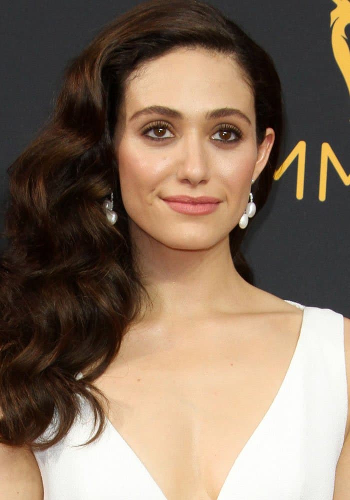 Emmy Rossum's ensemble was further enhanced with oversized pearl earrings