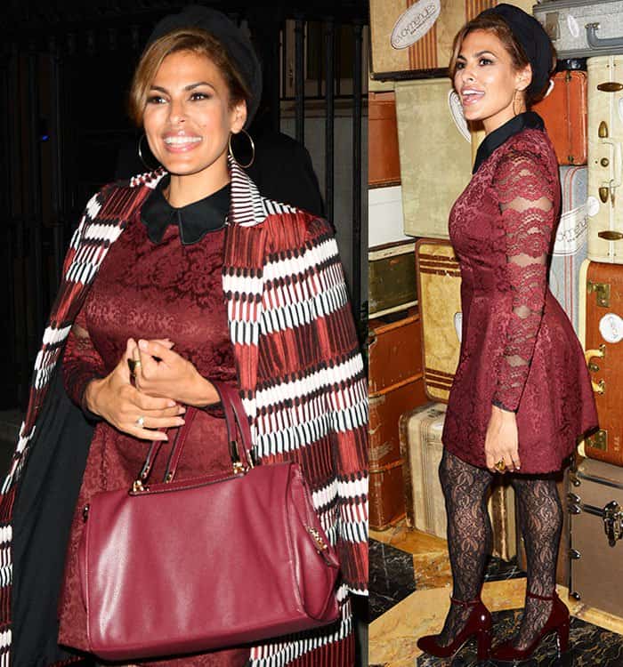 Eva Mendes showcased her new fall collection by donning a burgundy lace dress, accentuating her svelte physique at the New York & Company fashion show during New York Fashion Week