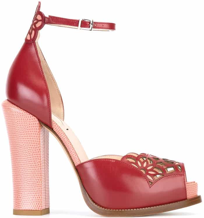 Red Fendi Laser-Cut Platform Sandals