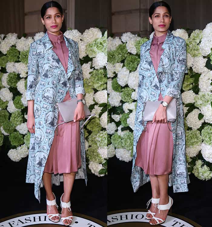 Freida Pinto sported the same sophisticated attire and complemented it with white Burberry “Gauld” sandals at the 4th Annual #BoF500 Dinner (The Business of Fashion) in London