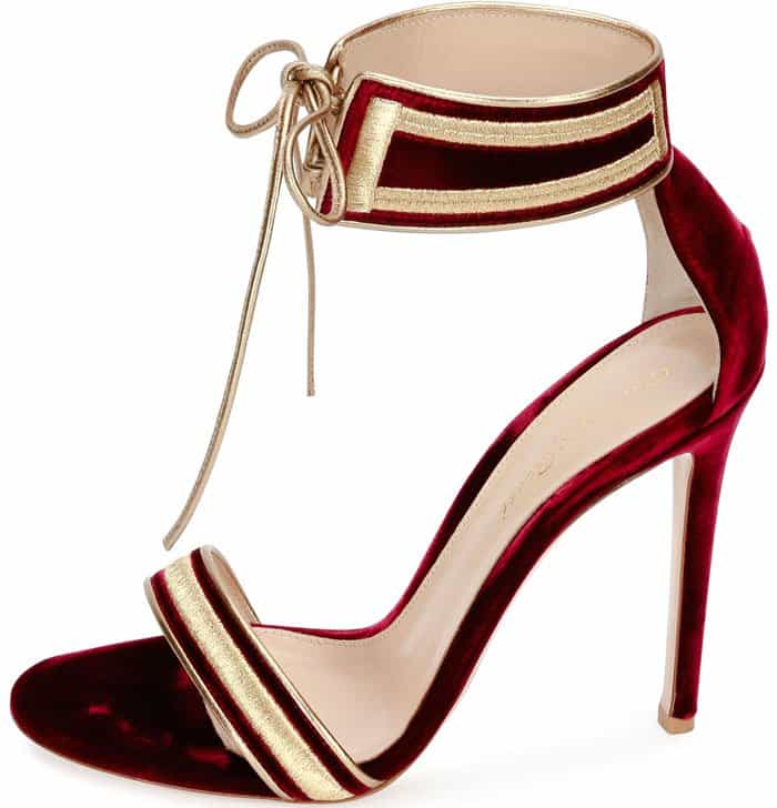 Strappy sandal in plush burgundy velvet with golden embroidered trims for an all-around striking look