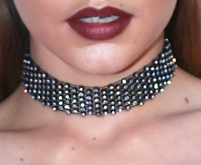 Gigi Hadid's mesh fishnet choker is embellished with sparkling stones