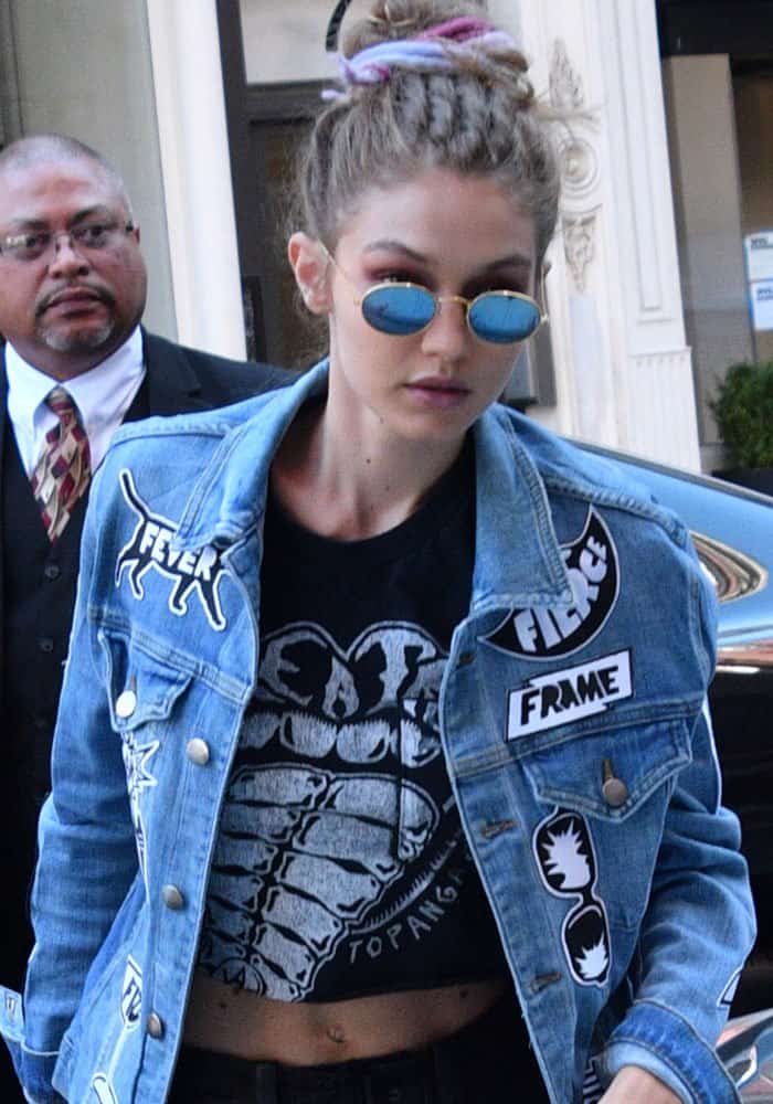 On September 15, 2016, Gigi Hadid returned to her Manhattan apartment donning a custom Frame "Le Original" patch denim jacket
