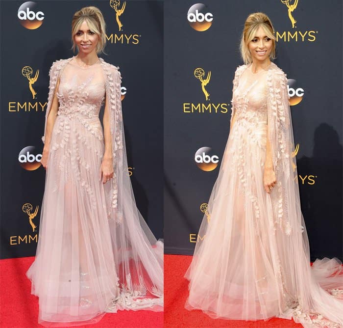 Giuliana Rancic exudes ethereal elegance in a blush-colored Georges Chakra couture gown with delicate embellishments and a flowing cape at the 2016 Primetime Emmy Awards