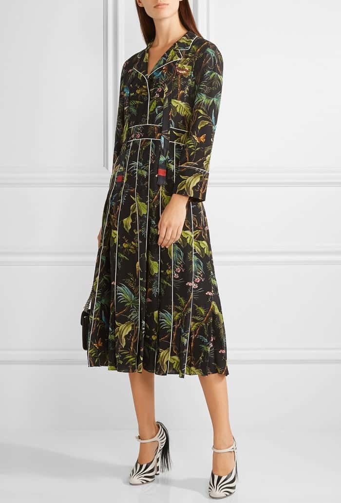 Gucci Embellished Printed Silk Crepe de Chine Midi Dress