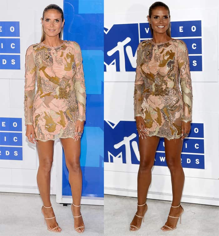 Heidi Klum wore a long-sleeved blush suede mini dress featuring metallic and mesh inserts and a low scoop open-back