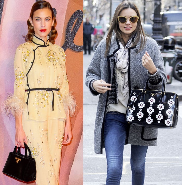 Fashion icon Alexa Chung and model Miranda Kerr go for the top handle Prada totes