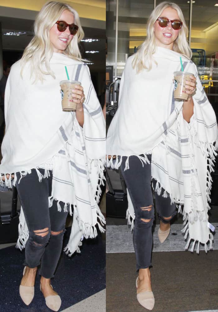 Julianne Hough cheerfully answered questions from a paparazzo while sipping on her iced coffee