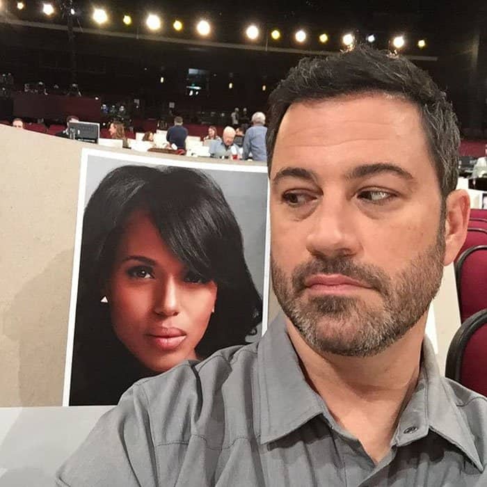 Jimmy Kimmel jokes with Kerry Washington's place card at the Emmys rehearsal