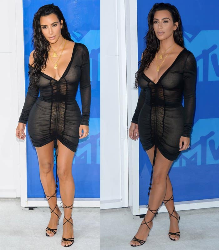 Kim Kardashian styled her little black dress with lace-up sandals, two gold necklaces, and a stunning 20-carat diamond ring gifted by her husband, Kanye West