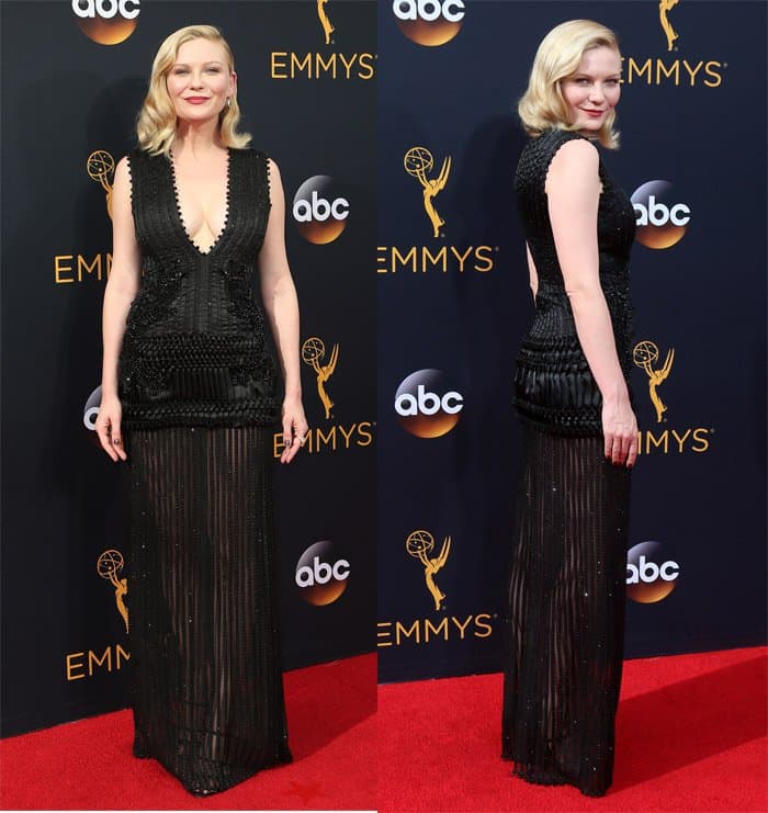 Kirsten Dunst exudes sophistication in a custom black Givenchy gown with intricate beading and a plunging neckline at the 2016 Primetime Emmy Awards