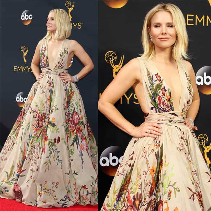 Kristen Bell stuns in a Zuhair Murad ball gown with a plunging neckline and vibrant floral patterns, perfectly complemented by her sleek bob and minimal jewelry at the 2016 Primetime Emmy Awards