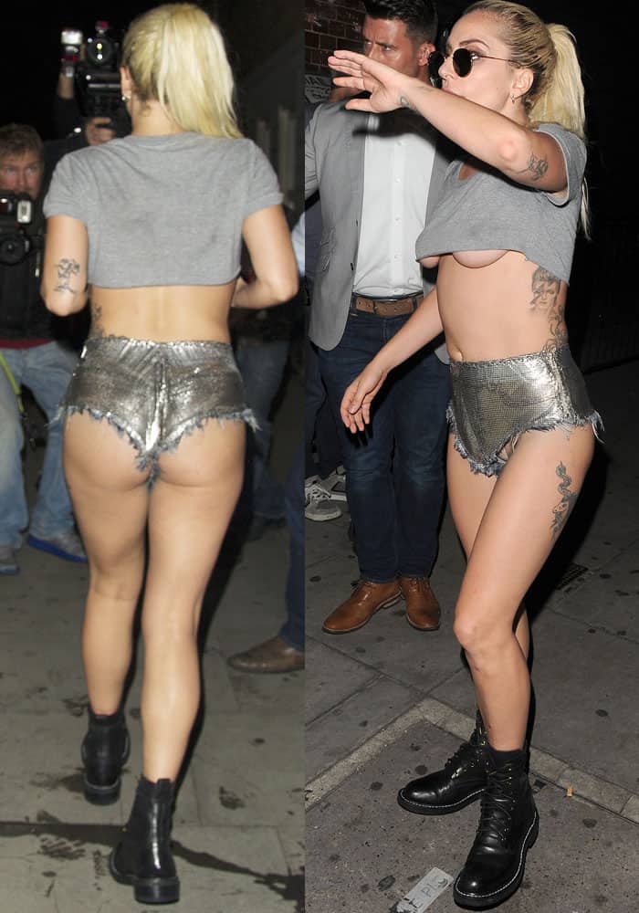 Lady Gaga flaunts her legs in metallic cutoff shorts while leaving her hotel at midnight in London