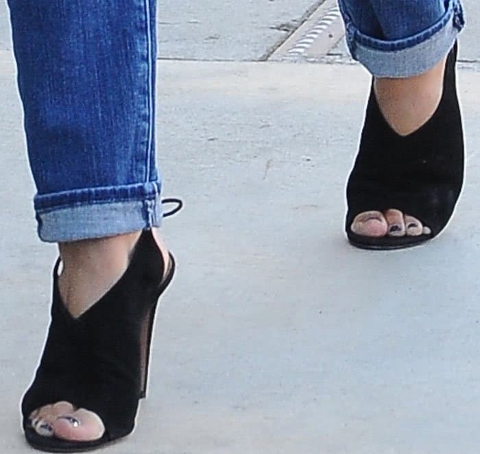 Lea Michele shows off her feet in Aquazzura "Ami" peep toe sandals