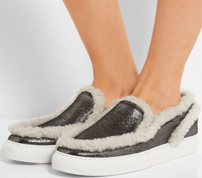 MM6 Maison Margiela Shearling-Trimmed Textured-Leather Slip-on Sneakers