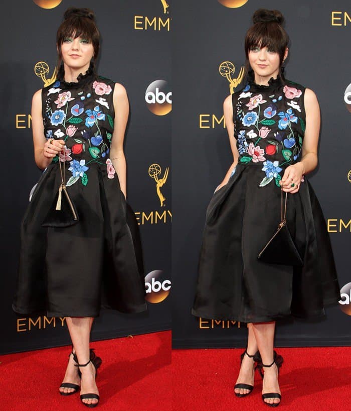 Maisie Williams stuns at the 68th Emmy Awards in a floral-embroidered Markus Lupfer dress, pairing it with black ankle-strap heels and a $39.90 Charles & Keith velvet clutch
