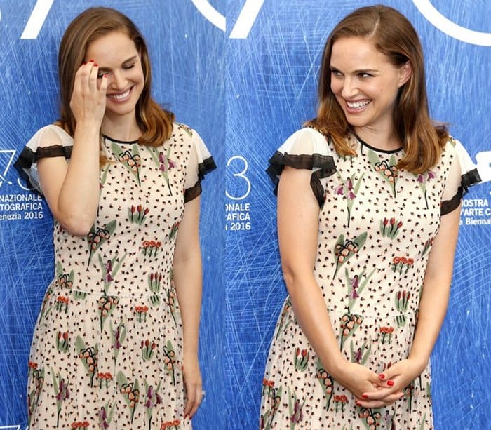 Natalie Portman's dress featured a lovely floral pattern, and to infuse a hint of edginess, ruffled black chiffon detailing adorned the hem and sleeves