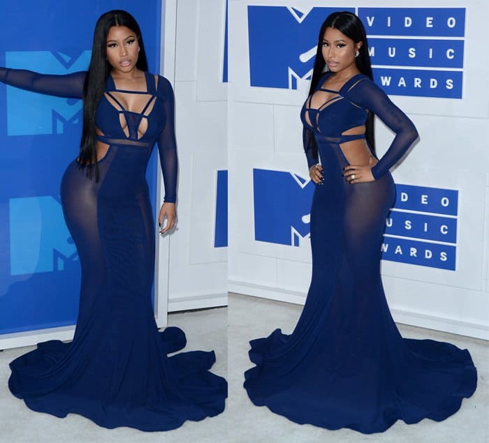 Nicki Minaj in a cobalt blue long sleeve floor-length dress at the 2016 MTV Video Music Awards