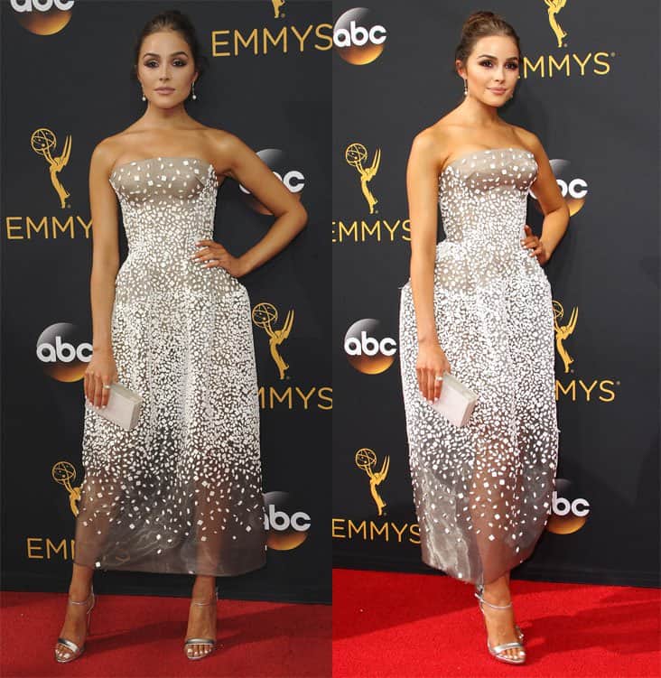 Olivia Culpo dazzles in a shimmering Zac Posen dress adorned with delicate, star-like embellishments