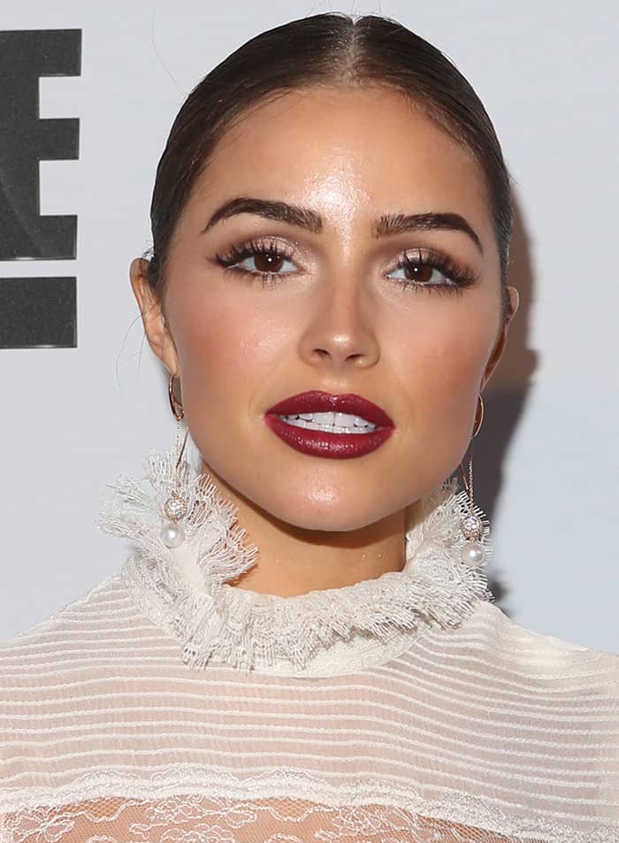 Olivia Culpo stuns with a sleek middle-parted updo, bold burgundy lipstick, and bronzed eye makeup