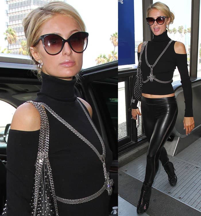 Paris Hilton opted for a chic A.L.C. cold-shoulder turtleneck sweater at Los Angeles International Airport (LAX)