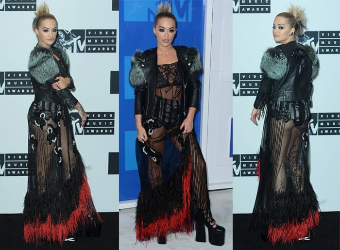 Rita Ora in a sheer Marc Jacobs dress and leather biker jacket from the designer's Fall 2016 collection