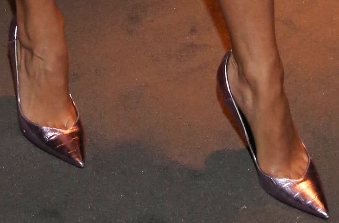 Rita Ora keeps things classy yet interesting in a pair of pointed-toe metallic Tom Ford pumps