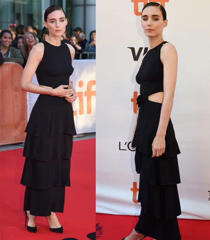 Rooney Mara's dress boasted a captivating cut-out and knot detail waist, accompanied by a ruffled tier ankle-length skirt