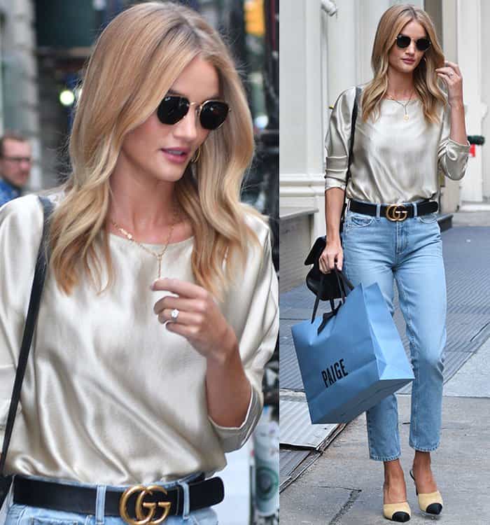 Rosie Huntington-Whiteley highlighted her slender physique with a wide Gucci belt