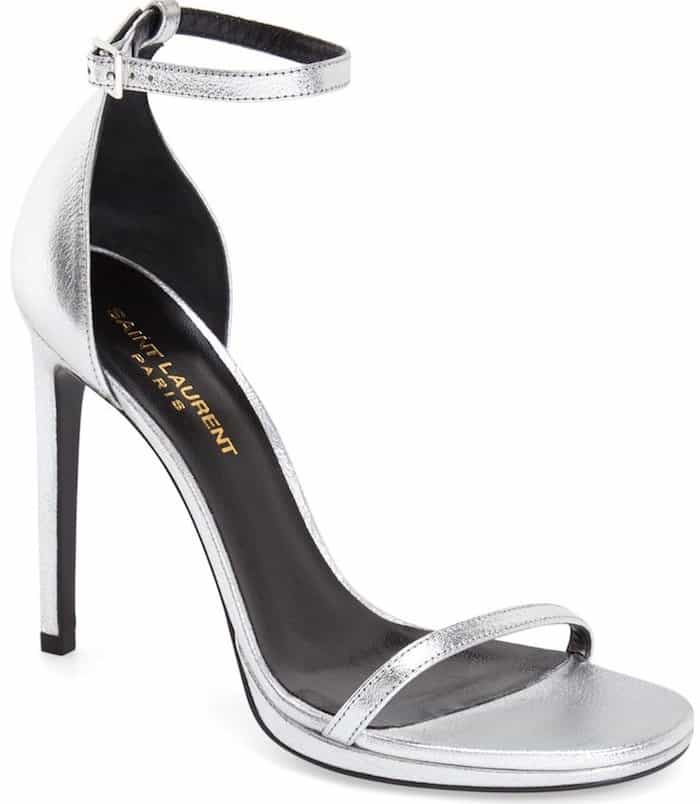 Silver Saint Laurent "Jane" Ankle Strap Leather Sandal