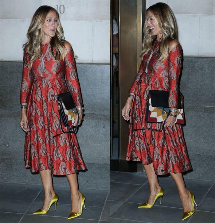 Sarah Jessica Parker promoted her new fragrance in an Emilia Wickstead Fall 2016 'Georgina' long-sleeve floral fil coupe dress