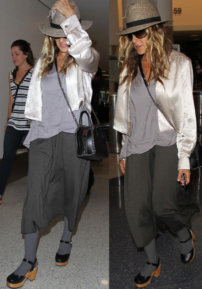 Sarah Jessica Parker combined her Michael Stars "Romy" top with a ruched satin jacket and a gray midi skirt